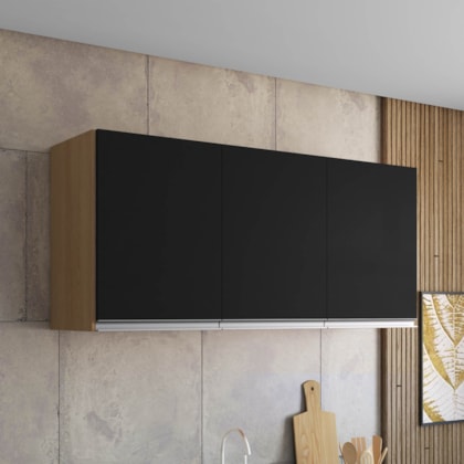 Armário Aéreo p/ Cozinha Maya A03 120cm 3 Portas Amêndoa/Preto