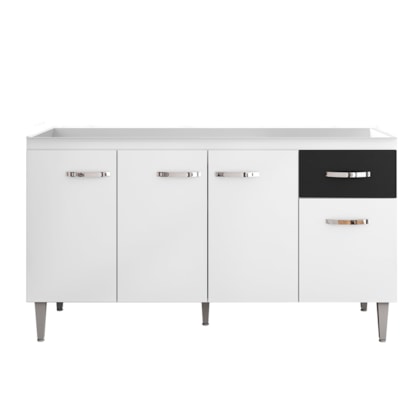 Armário Balcão Gabriela com Gaveta Flex Branco ou Branco e Preto para Pia de Cozinha sem Tampo 1,50M 4 Portas - AJL Decor