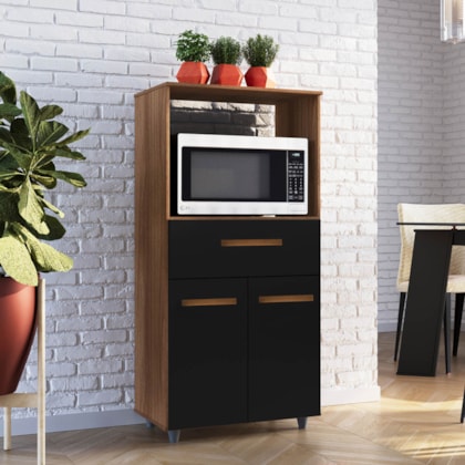 Armário Multiuso Luni 2 Portas 1 Gaveta Cozinha MB1 Savana\Preto Puxador Cobre