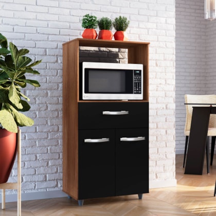 Armário Multiuso Luni 2 Portas 1 Gaveta Cozinha MB1 Savana\Preto Puxador Cromado