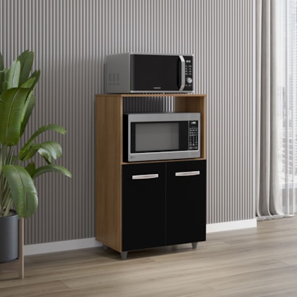 Armário Multiuso Nésia 2 Portas Cozinha MB1 Savana\Preto Puxador Cromado