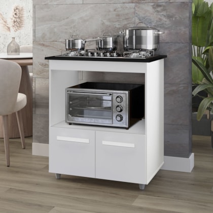 Balcão Cali Para Cooktop 4 Bocas 2 Portas Cozinha MB1 75cm Branco com Puxador Branco