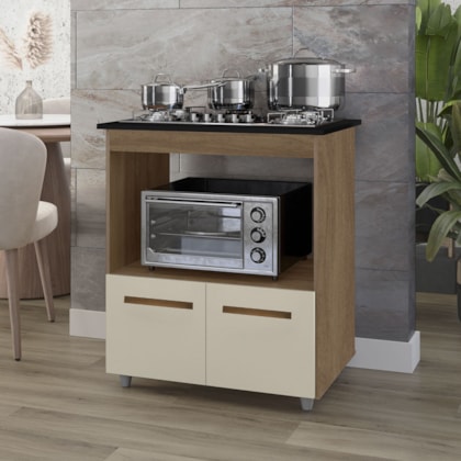 Balcão Cali Para Cooktop 5 Bocas 2 Portas Cozinha MB1 75cm Savana\Off White com Puxador Cobre