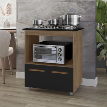 Balcão Cali Para Cooktop 5 Bocas 2 Portas Cozinha MB1 75cm Savana\Preto com Puxador Cobre