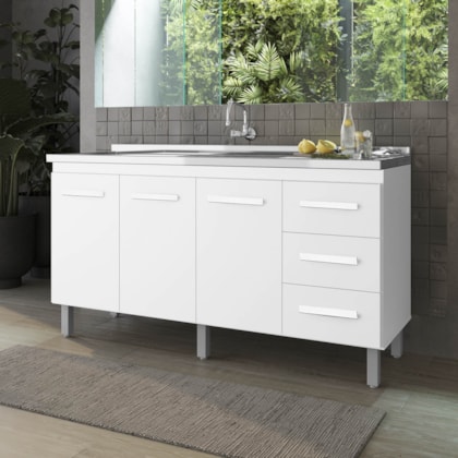 Balcão Cravo 3 Portas 3 Gavetas Cozinha MB1 160cm Branco com Puxador cor Branco