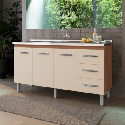 Balcão Cravo 3 Portas 3 Gavetas Cozinha MB1 160cm Savana\Off White com Puxador cor Cromado