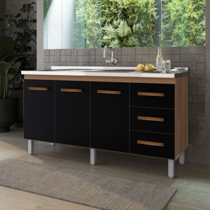 Balcão Cravo 3 Portas 3 Gavetas Cozinha MB1 160cm Savana\Preto com Puxador cor Cobre