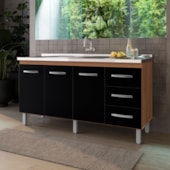 Balcão Cravo 3 Portas 3 Gavetas Cozinha MB1 160cm Savana\Preto com Puxador cor Cromado