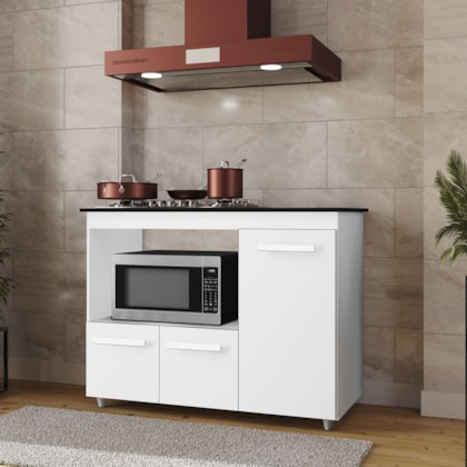 Balcão Dália Para Cooktop 5 Bocas 3 Portas Cozinha MB1 120cm Branco com Puxador Branco