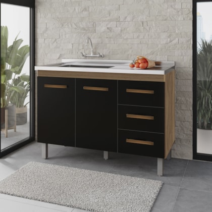 Balcão Rosa 2 Portas 3 Gaveta Cozinha MB1 120cm Savana\Preto com Puxador cor Cobre