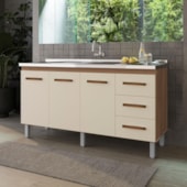 Balcão Vinca 3 Portas 3 Gavetas Cozinha MB1 150cm Savana\Off White com Puxador cor Cobre