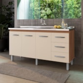 Balcão Vinca 3 Portas 3 Gavetas Cozinha MB1 150cm Savana\Off White com Puxador cor Cromado