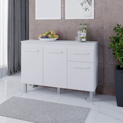 Balcão Zínia 3 Portas 1 Gaveta e Tampo Cozinha MB1 120cm Branco com Puxador Branco