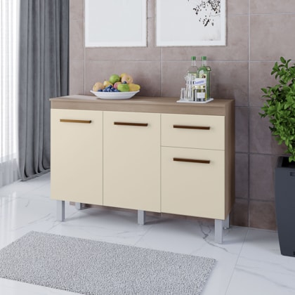 Balcão Zínia 3 Portas 1 Gaveta e Tampo Cozinha MB1 120cm Savana\Off White com Puxador Cobre