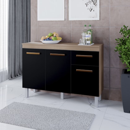 Balcão Zínia 3 Portas 1 Gaveta e Tampo Cozinha MB1 120cm Savana\Preto com Puxador Cobre