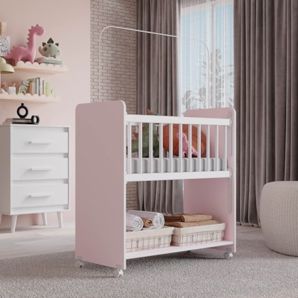 Berço Lótus com Grade Fixa MB1 Branco\Rosa