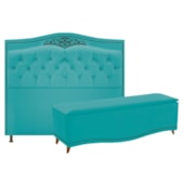 Conjunto Cabeceira Estofado Yasmim + Recamier Baú Yasmim 140 Cm Para Cama Box Casal Quarto Suede Azul Turquesa - Amarena