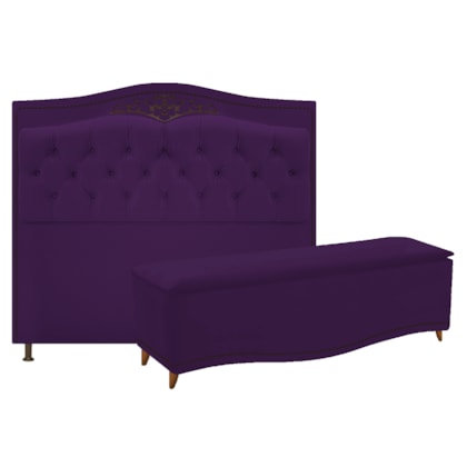 Conjunto Cabeceira Estofado Yasmim + Recamier Baú Yasmim 195 Cm Para Cama Box King Size Quarto Suede Roxo - Amarena