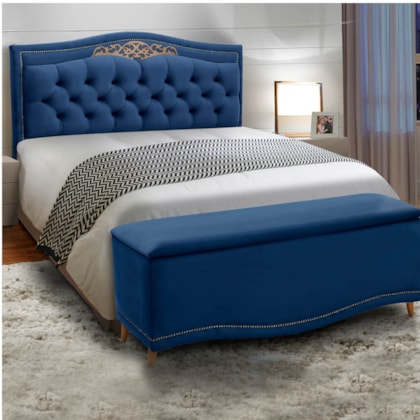 Conjunto Cabeceira Estofado Yasmim + Recamier Bau Yasmim 90 Cm Para Cama Solteiro Quarto Azul Marinho- Amarena