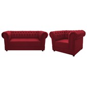 Conjunto Divã Sofá 2 Lugares e Poltrona Cadeira Decorativa Chesterfield Ana Suede Vermelho Recepção Sala de Estar - AM Decor