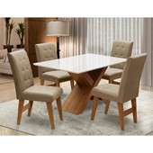 Conjunto Mesa de Jantar com 04 Cadeiras Agata 135cm Cedro/Branco Off/Mascavo - Amarena Móveis