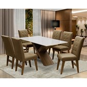 Conjunto Mesa de Jantar com 06 Cadeiras Agata 160cm Castanho/Branco Off/Castor - Amarena Móveis