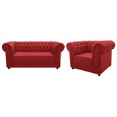 Conjunto Recamier Sofá Poltrona Cadeira Decorativa Chesterfield Corano Vermelho Recepção Sala de Estar Quarto Luxo Capitonê - AM Decor