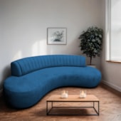 Divã Recamier Celeste Curvo Sala Estar Luxo 160cm Linho Azul Royal
