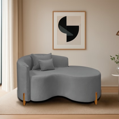 Divã Recamier Curvo Sala de Estar Recepção Inglaterra 150cm Pés Madeira Lado Direito Bouclé Cinza