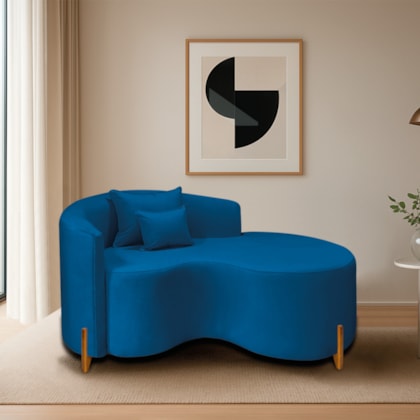 Divã Recamier Curvo Sala de Estar Recepção Inglaterra 150cm Pés Madeira Lado Direito Linho Azul Royal