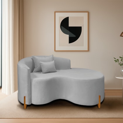 Divã Recamier Curvo Sala de Estar Recepção Inglaterra 150cm Pés Madeira Lado Direito Linho Cinza Claro