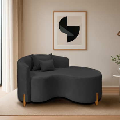 Divã Recamier Curvo Sala de Estar Recepção Inglaterra 150cm Pés Madeira Lado Direito Linho Preto