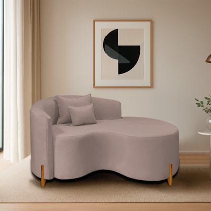Divã Recamier Curvo Sala de Estar Recepção Inglaterra 150cm Pés Madeira Lado Direito Linho Rosê
