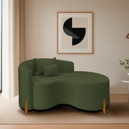 Divã Recamier Curvo Sala de Estar Recepção Inglaterra 150cm Pés Madeira Lado Direito Linho Verde