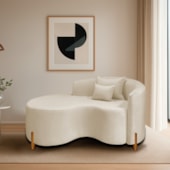 Divã Recamier Curvo Sala de Estar Recepção Inglaterra 150cm Pés Madeira Lado Esquerdo Bouclé Bege