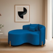 Divã Recamier Curvo Sala de Estar Recepção Inglaterra 150cm Pés Madeira Lado Esquerdo Linho Azul Royal