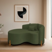 Divã Recamier Curvo Sala de Estar Recepção Inglaterra 150cm Pés Madeira Lado Esquerdo Linho Verde