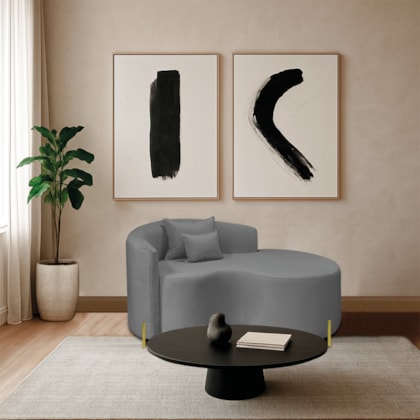 Divã Recamier Curvo Sala de Estar Recepção Inglaterra 150cm Pés Metal Dourado Lado Direito Bouclé Cinza