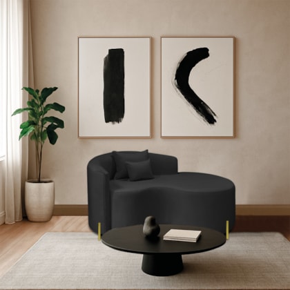 Divã Recamier Curvo Sala de Estar Recepção Inglaterra 150cm Pés Metal Dourado Lado Direito Bouclé Preto