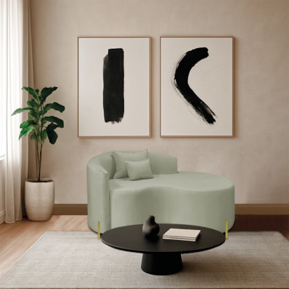 Divã Recamier Curvo Sala de Estar Recepção Inglaterra 150cm Pés Metal Dourado Lado Direito Bouclé Verde Oliva