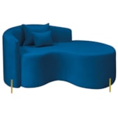 Divã Recamier Curvo Sala de Estar Recepção Inglaterra 150cm Pés Metal Dourado Lado Direito Linho Azul Royal