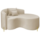 Divã Recamier Curvo Sala de Estar Recepção Inglaterra 150cm Pés Metal Dourado Lado Direito Linho Bege