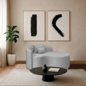 Divã Recamier Curvo Sala de Estar Recepção Inglaterra 150cm Pés Metal Dourado Lado Direito Linho Cinza Claro