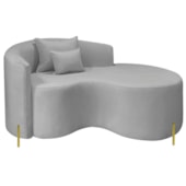 Divã Recamier Curvo Sala de Estar Recepção Inglaterra 150cm Pés Metal Dourado Lado Direito Linho Cinza Claro