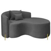 Divã Recamier Curvo Sala de Estar Recepção Inglaterra 150cm Pés Metal Dourado Lado Direito Linho Cinza Escuro