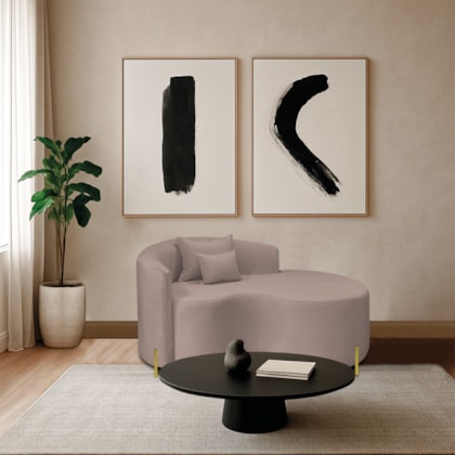 Divã Recamier Curvo Sala de Estar Recepção Inglaterra 150cm Pés Metal Dourado Lado Direito Linho Rosê