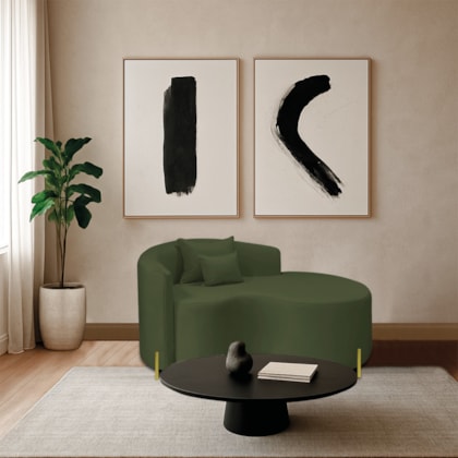 Divã Recamier Curvo Sala de Estar Recepção Inglaterra 150cm Pés Metal Dourado Lado Direito Linho Verde