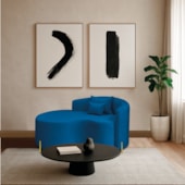 Divã Recamier Curvo Sala de Estar Recepção Inglaterra 150cm Pés Metal Dourado Lado Esquerdo Linho Azul Royal
