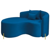 Divã Recamier Curvo Sala de Estar Recepção Inglaterra 150cm Pés Metal Dourado Lado Esquerdo Linho Azul Royal