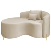 Divã Recamier Curvo Sala de Estar Recepção Inglaterra 150cm Pés Metal Dourado Lado Esquerdo Linho Bege